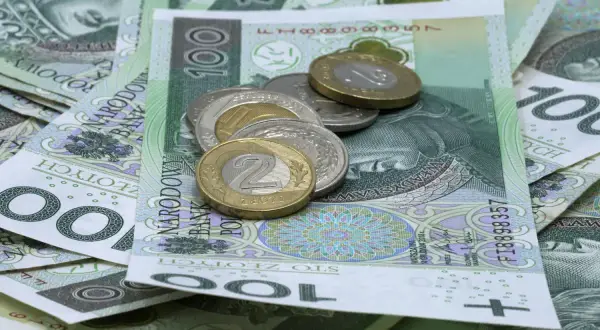 Stos polskich banknotów 100 zł i monet, w tym 2 zł.