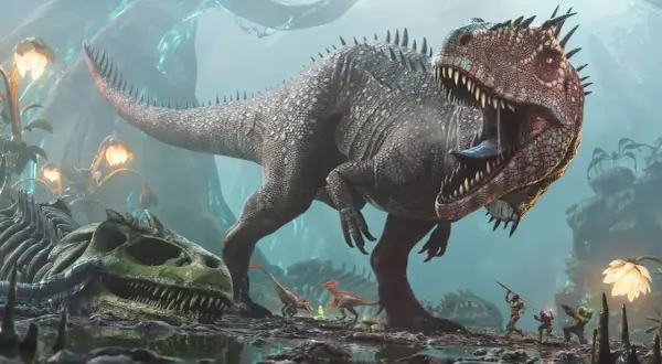 Potężny ark carcharodontosaurus z otwartą paszczą, obok szkieletu dinozaura i walczących ludzi.