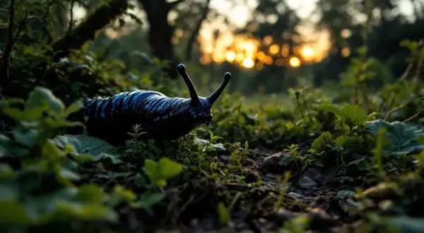 Une limace noire, aux antennes dressées, progresse dans l'herbe au coucher du soleil.