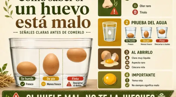 La clara de huevo en mal estado flota en agua. La imagen muestra cómo saber si un huevo está malo con pruebas de olor, agua y al abrirlo.