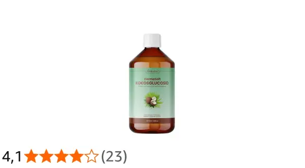 Butelka z brązowego szkła z zieloną etykietą Nakobe DermaSoft KOKOSGLUCOSID, łagodny środek czyszczący na bazie cukru.