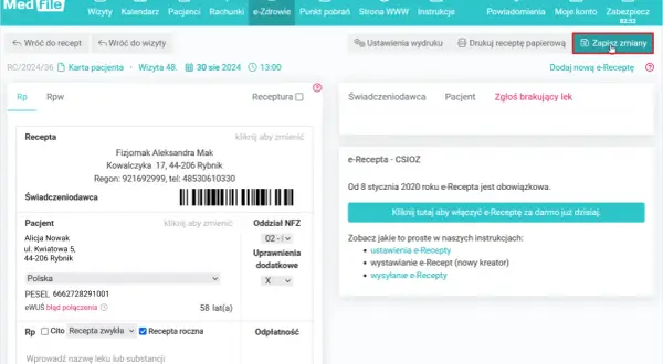 Ekran aplikacji MedFile z widokiem e-recepty, danymi pacjenta i świadczeniodawcy.