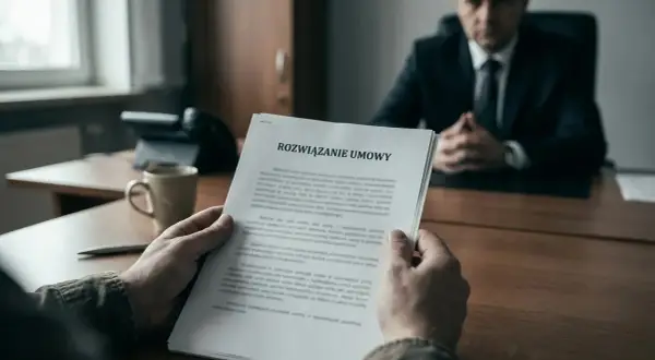 Mężczyzna trzyma dokument "Rozwiązanie umowy". W tle siedzi przełożony, czekając na decyzję.