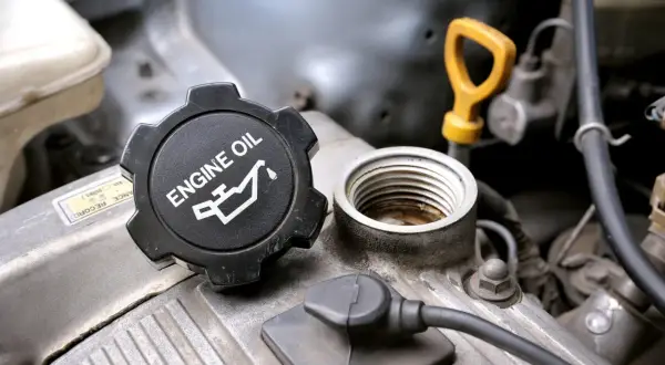Korek silnika z napisem "ENGINE OIL" i symbolem. Pytanie: co ile wymiana oleju?