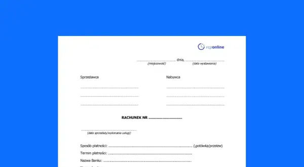 Formularz rachunku do umowy zlecenia z polami na dane sprzedawcy, nabywcy, numer rachunku, datę sprzedaży i sposób płatności.