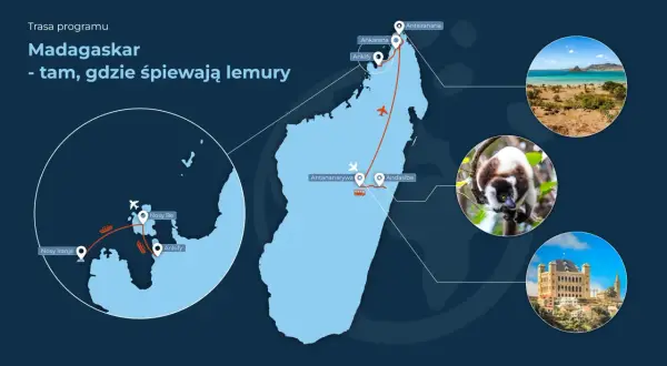 Mapa pokazuje, gdzie leży Madagaskar, z zaznaczonymi trasami podróży i zdjęciami lemurów, plaż i budynków.