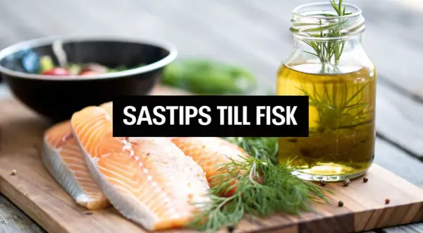 Färska laxfiléer på en skärbräda med dill och en flaska olja med örter. Perfekt för en god sås till fisk.