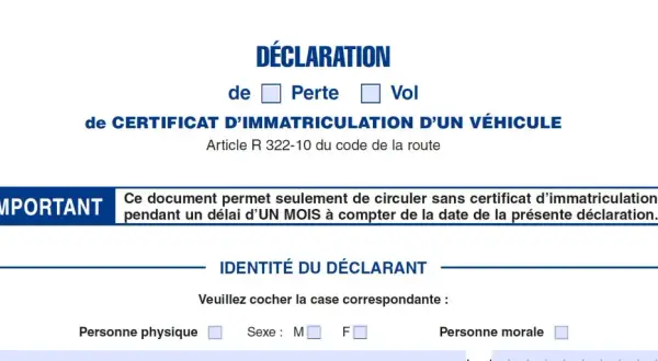 Déclaration de perte de certificat d'immatriculation d'un véhicule. Ce document permet de circuler un mois.