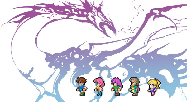 Pięcioro bohaterów w stylu pixel art z Final Fantasy 5 staje przed potężnym, fioletowym smokiem.