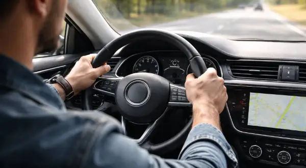 Mężczyzna prowadzi samochód, czuć drgania kierownicy przy 120 km/h. Na ekranie nawigacja.