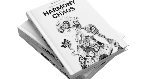 Stack of books titled "Harmony in Chaos" with a black and white illustration of a stylized figure.