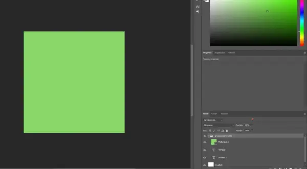 Schermata di Photoshop: un rettangolo verde su sfondo scuro, con pannelli per unire livelli e modificare proprietà.