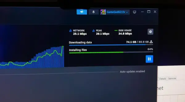 Monitorowanie pobierania na Steam. Sieć działa z prędkością 25.1 Mbps, szukaj sposobów, jak przyśpieszyć pobieranie na Steam.