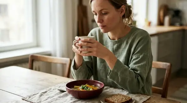 Vrouw met kopje thee, geen eetlust verliefd op de soep en het brood.