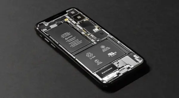 Rozłożony iPhone SE z widoczną baterią i podzespołami.