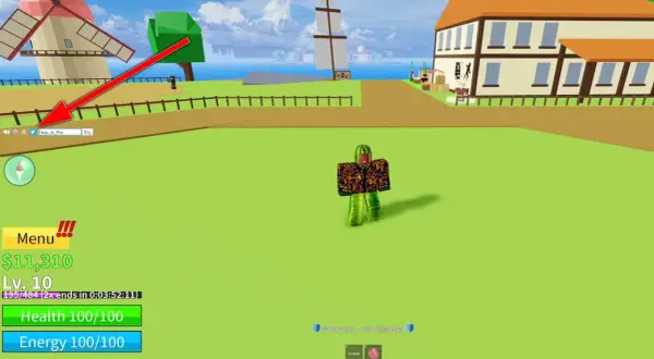 Ein Spieler in Blox Fruits mit Wassermelonen-Outfit. Ein Pfeil zeigt auf das Eingabefeld, wo man einen blox fruit code eingeben kann.