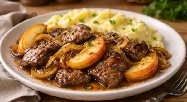 Wątróbka z jabłkiem i cebulą, podana z purée ziemniaczanym. Aromatyczne danie, które rozpływa się w ustach.