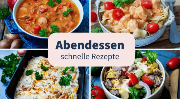 Was koche ich heute? Schnelle Rezepte für ein leckeres Abendessen: Gulasch, Pasta mit Hähnchen, Auflauf und Salat.