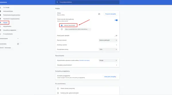 Ustawienia Chrome: Wygląd. Pokazuje, jak ustawić stronę startową w Chrome, wybierając "Strona „Nowa karta”".