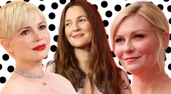Inspiracja dla 40-latki z okrągłą twarzą: Michelle Williams, Drew Barrymore i Kirsten Dunst prezentują różne fryzury.