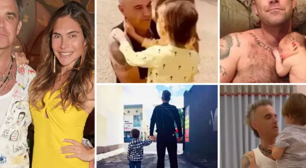 Robbie Williams med sina barn. En bild visar honom med en bebis, en annan med sina äldre barn.