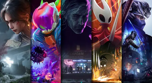 Kolaż postaci z gier: wojowniczka, cyborg, mężczyzna, Hornet, ninja.