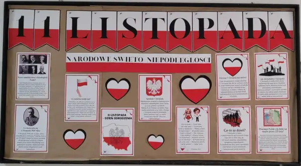 Orzeł biały, symbol Polski, widnieje na tle biało-czerwonej flagi, przypominając o odzyskaniu niepodległości.
