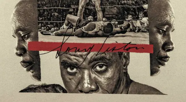 A collage of boxing legend Sonny Liston, featuring his intense gaze, profile shots, and a dramatic in-ring moment.