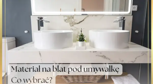 Elegancki blat w łazience z dwoma umywalkami. Marmurowy wzór blatu dodaje luksusu.