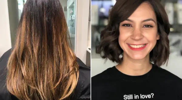 Vorher-nachher-Vergleich: Lange Haare werden zu einem stilvollen, welligen long bob geschnitten.