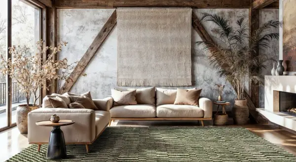 Ein grüner Teppich mit geometrischem Muster liegt auf einem dunklen Holzboden. Dahinter stehen helle Sofas vor einer rustikalen Wand.