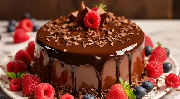 Gâteau au chocolat brillant, décoré de framboises, myrtilles et copeaux de chocolat. Un délice qui fait penser à c'est quoi le beurre de cacao.