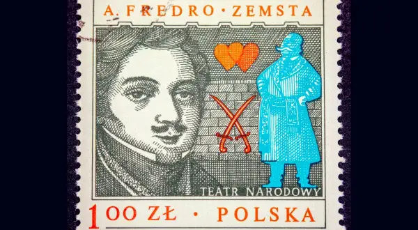 Znaczek z portretem A. Fredry i sceną z "Zemsty". Krótkie streszczenie tej komedii to historia miłości i intryg.