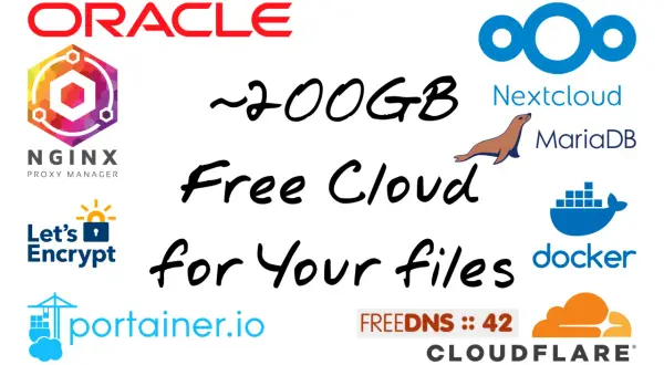 Darmowy przechowywanie w chmurze ~200GB dla Twoich plików, z logotypami Oracle, Nginx, Nextcloud, Docker, Cloudflare i innymi.