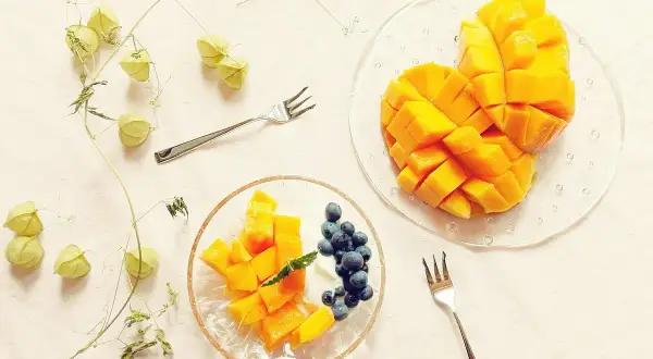Słodkie mango pokrojone w kostkę, idealne do jedzenia z jagodami i jogurtem. Obok gałązka z zielonymi pąkami.