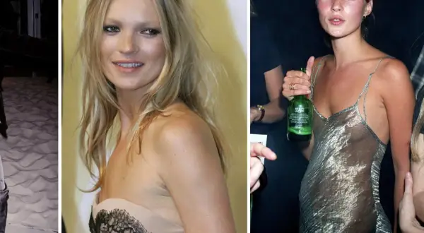 Kate Moss ung i en ljus klänning och en genomskinlig silverklänning.