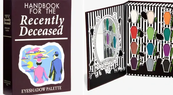 Beetlejuice colors eyeshadow palette shaped like coffins, featuring shades like "Betelgeuse" and "Sandworm.