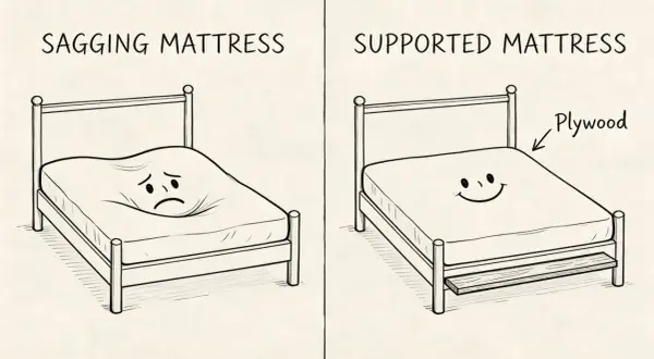 A sad, sagging mattress versus a happy, supported mattress. Does putting a board under mattress help? Yes, it provides support!