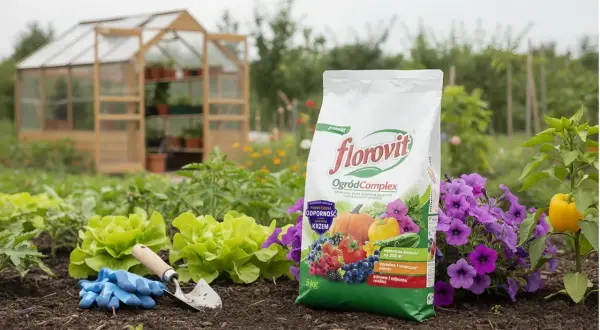 Torba nawozu Florovit OgrodComplex na tle grządki z warzywami, kwiatami i szklarnią.
