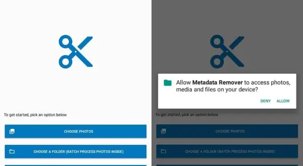 Android app "Metadata Remover" prompts for permission to access photos, media, and files. Options include choosing photos, a folder, or taking a photo.