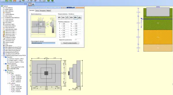 Program do projektowania fundamentów. Widok 3D i przekroje fundamentu, parametry techniczne i warunki gruntowe.