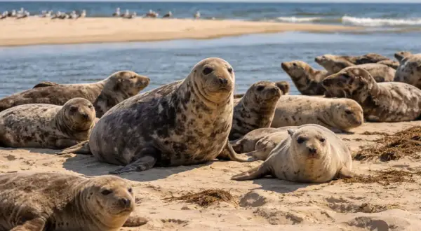 Foki wylegujące się na plaży, idealne miejsce, gdzie można zobaczyć foki w Polsce.