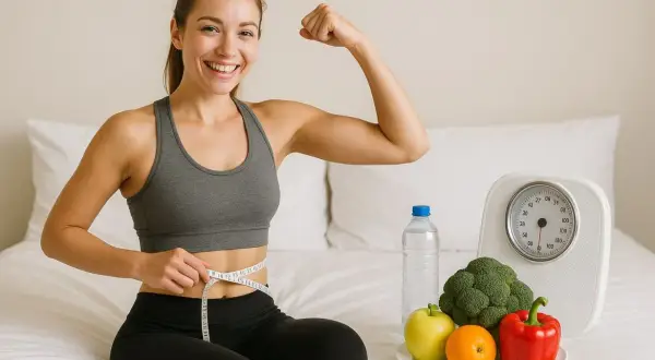 Donna sorridente misura la vita, mostra il bicipite. Vicino, frutta, verdura, acqua e bilancia: simboli di un **deficit calorico giornaliero** raggiunto con successo.