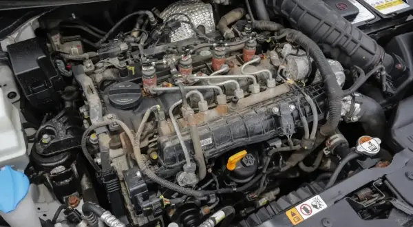 Silnik 1.6 CRDI, widok z góry. Wiele przewodów i elementów, typowe dla diesla. Szukając "1.6 CRDI opinie", warto zwrócić uwagę na stan techniczny.