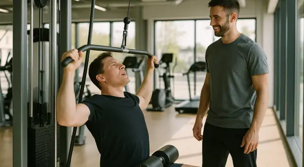 Mann trainiert am Latzug, sein Trainer lächelt. Vielleicht lernt er für sein Fernstudium Fitnesstrainer.
