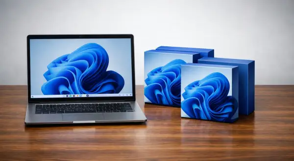 Laptop z ekranem Windows 11 i niebieskimi pudełkami. Czas na aktualizacja sterowników windows 11!