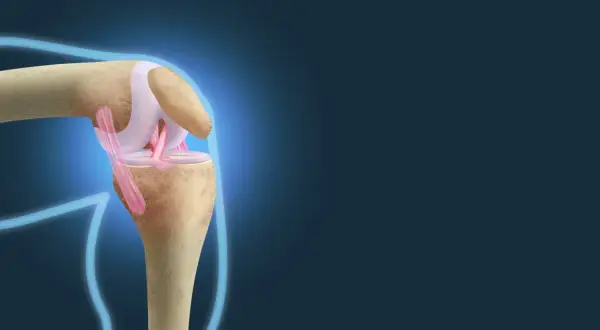 Anatomia kolana z widocznymi więzadłami Cooper'a, stabilizującymi staw.