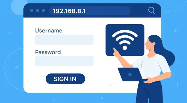 Logowanie do routera Huawei przez 192.168.8.1. Kobieta z laptopem wskazuje na ikonę Wi-Fi.