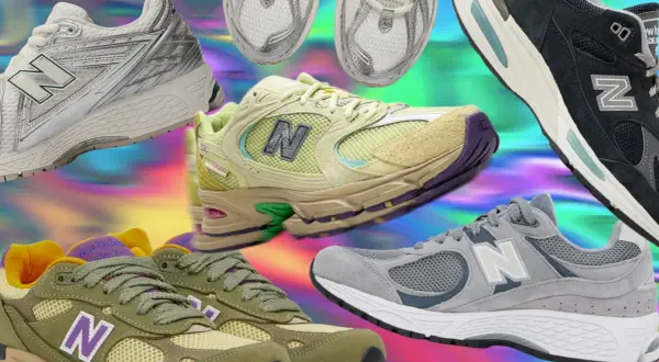 Sneakers colorate e iconiche dell'azienda New Balance, un mix di stili e modelli che celebrano la storia del brand.