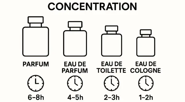 Ilustracja pokazuje stężenia perfum: Parfum (6-8h), Eau de Parfum (4-5h), Eau de Toilette (2-3h), Eau de Cologne (1-2h). Wybierz swój zapach, by poczuć się one million lucky!